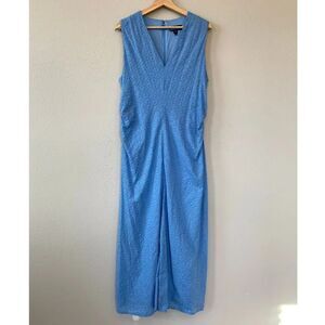Donna Morgan Blue Eyelet Cotton Maxi Dress Womens 14 V Neck Ruched Summer Event